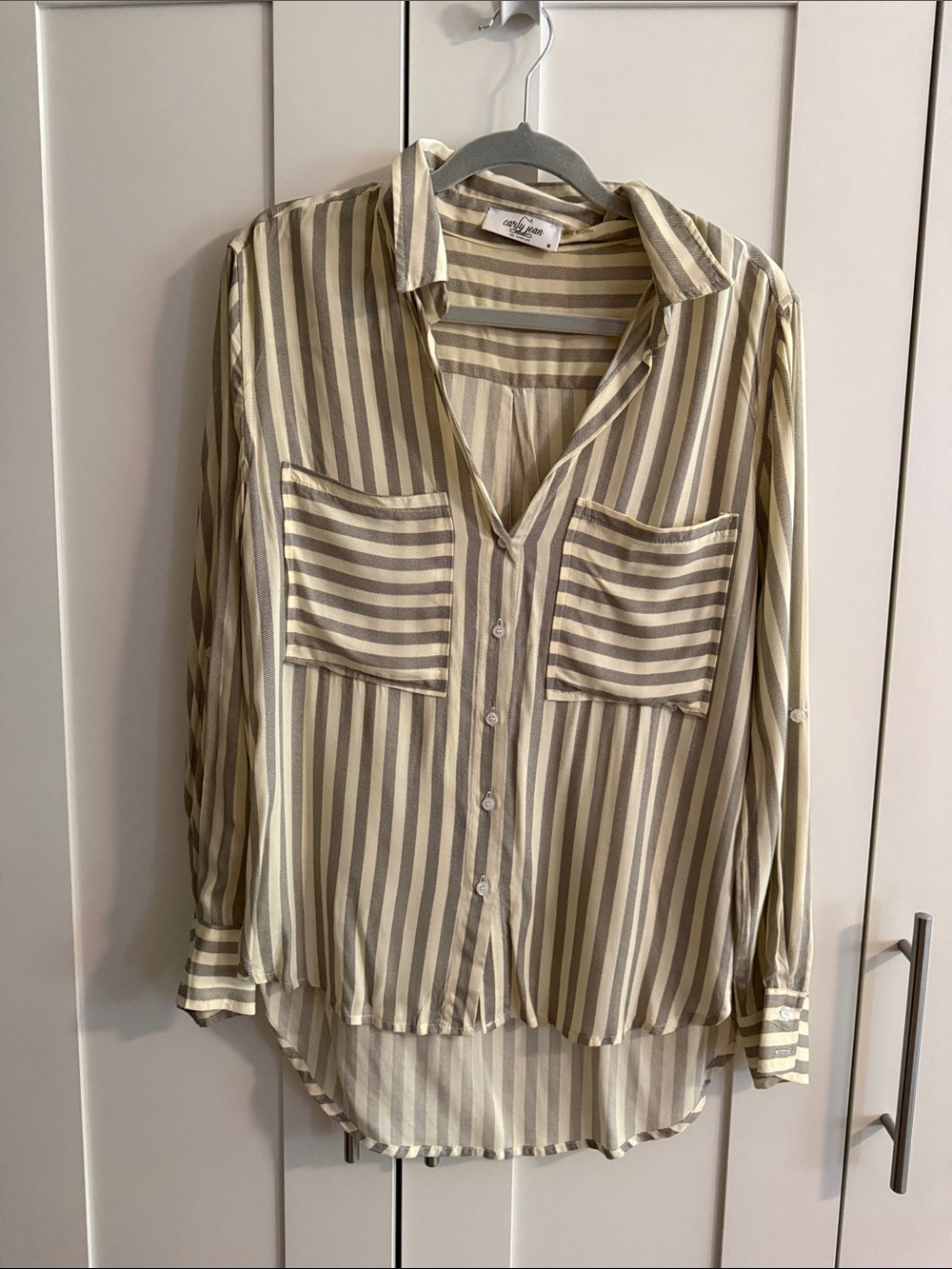 Carly Jean Los Angeles Cream and Olive Striped Button-Up Top